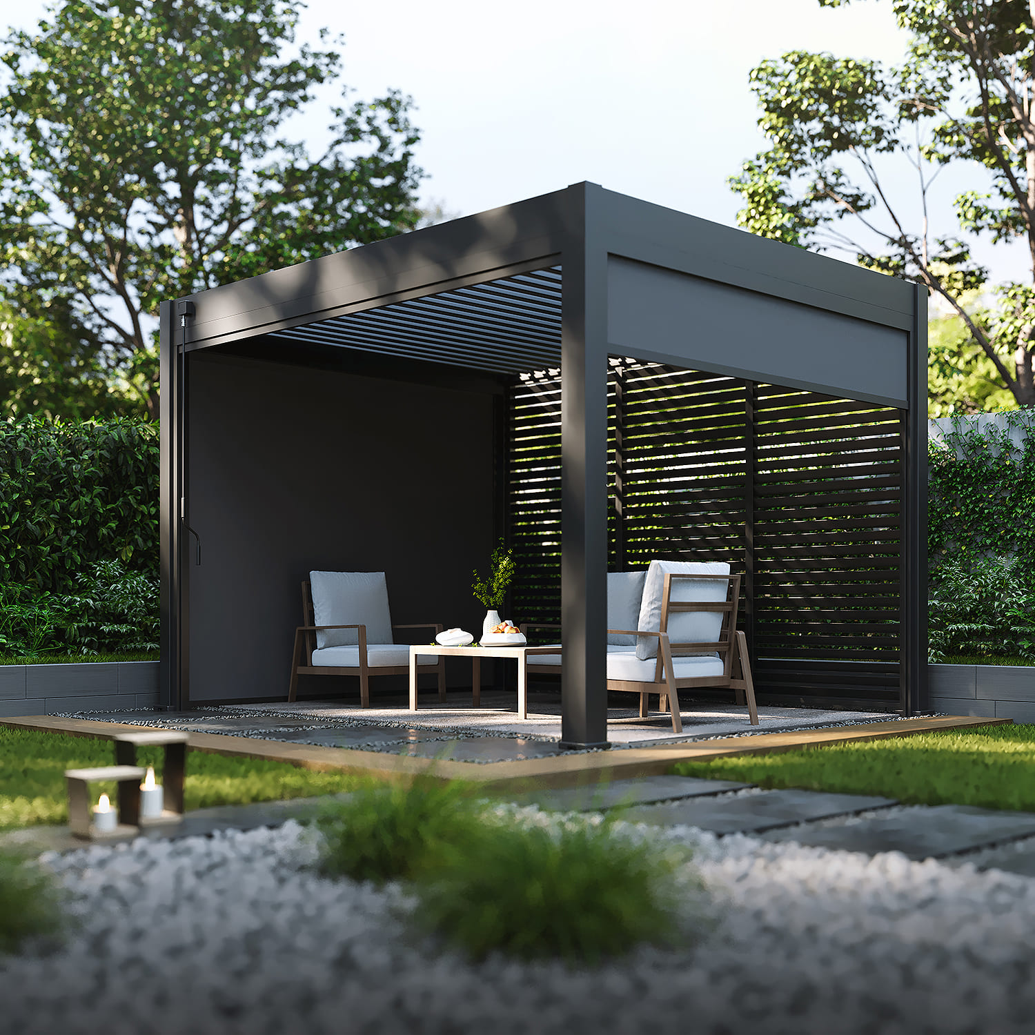 Orion Deluxe overkapping - E-LED - 360x400 cm - Antraciet - met elektrisch lamellendak en LED 