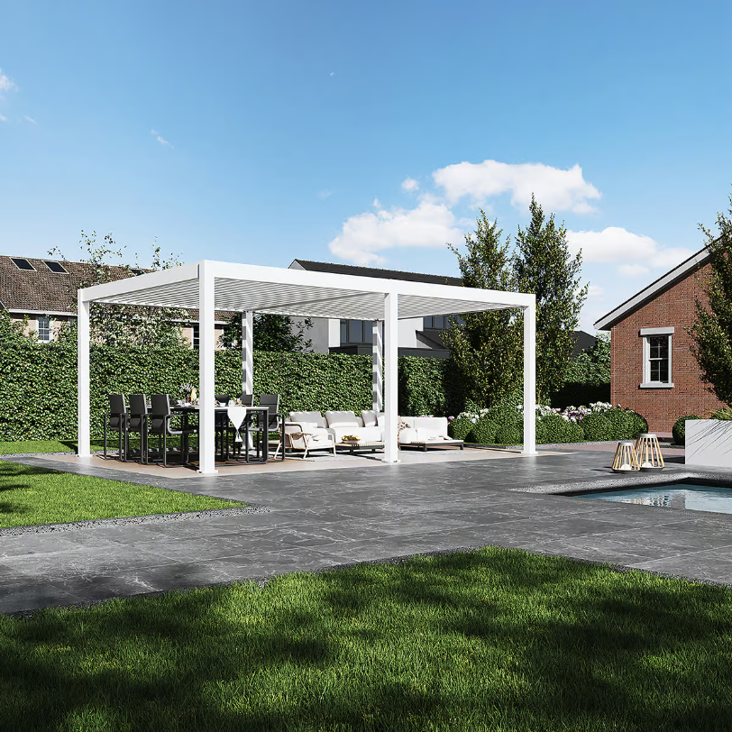 Orion Premium overkapping - E-LED - 400x600 cm - Wit - met elektrisch lamellendak en LED 