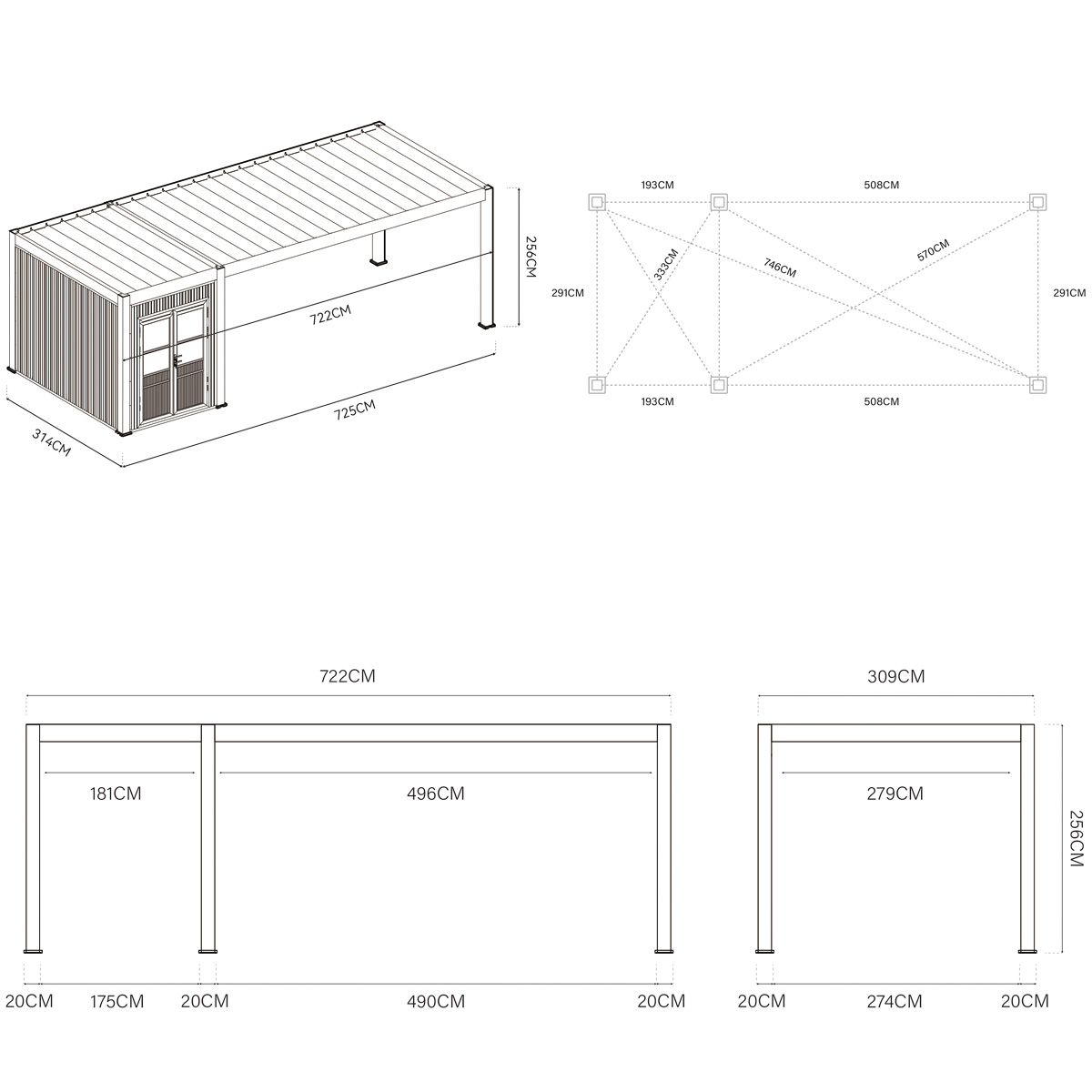 Orion carport - 300x720 cm - Inclusief berging - Antraciet
