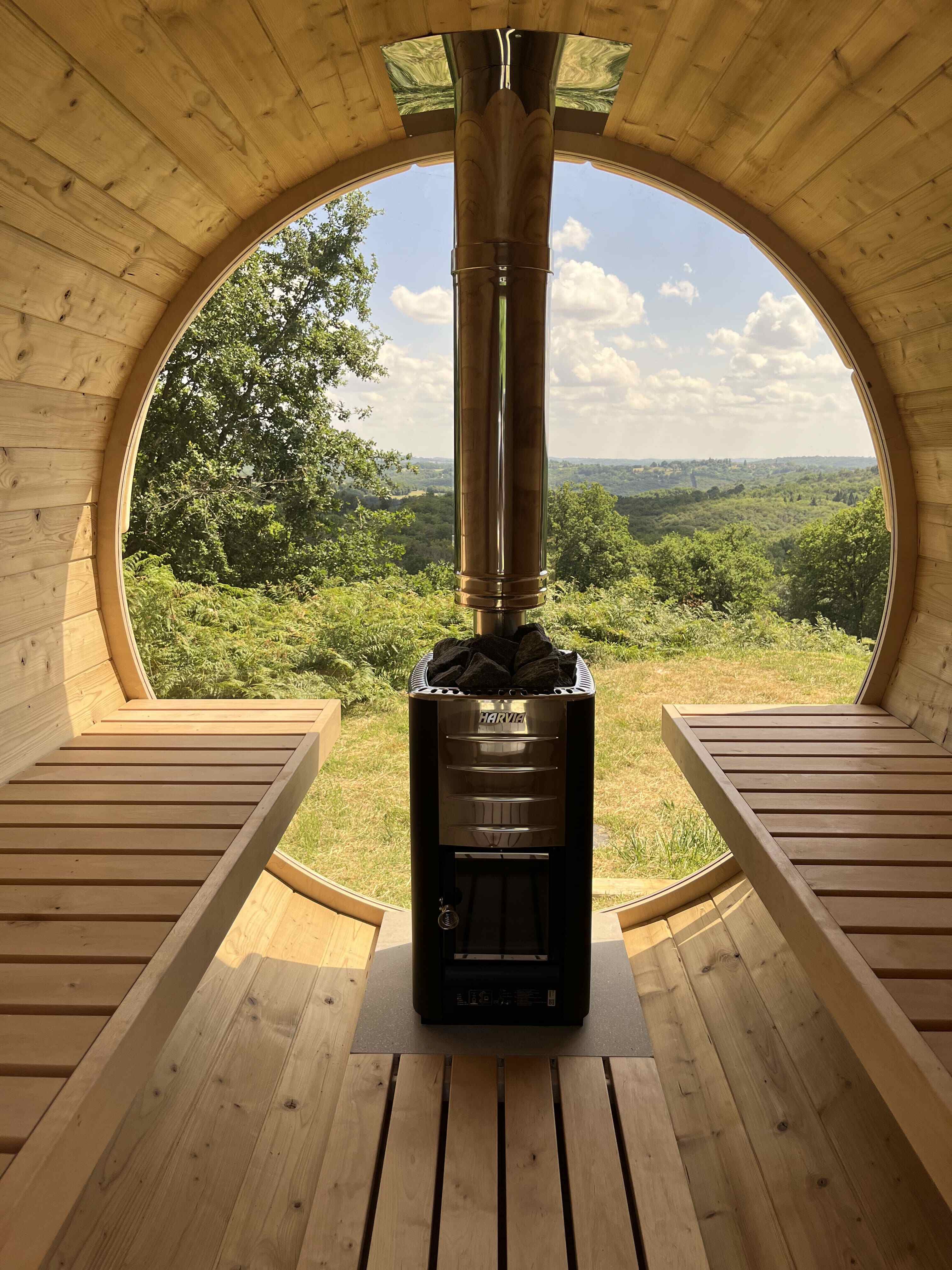 Jaro & Jolie barrelsauna  220 cm (elektrische kachel en panorama achterwand)  - Thermowood - inclusief dakshingles en elzen vloer 