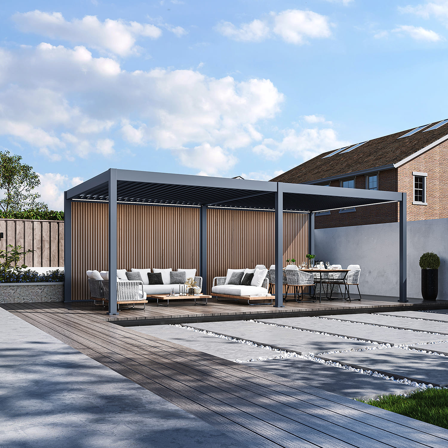 Orion composietwand - 400x236 cm - Voor 4 meter zijkant - Antraciet/Teak