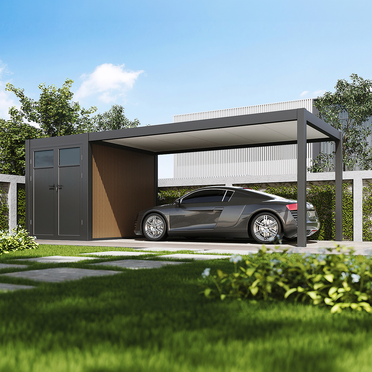 Orion carport - 300x720 cm - Inclusief berging - Antraciet