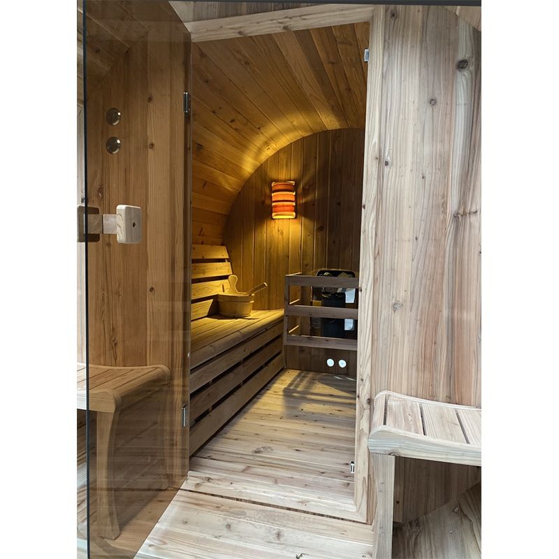 Novum Barrelsauna TR270 (houten achterwand) - Zespersoons sauna - 270 cm lengte - Rustic Red Cedar