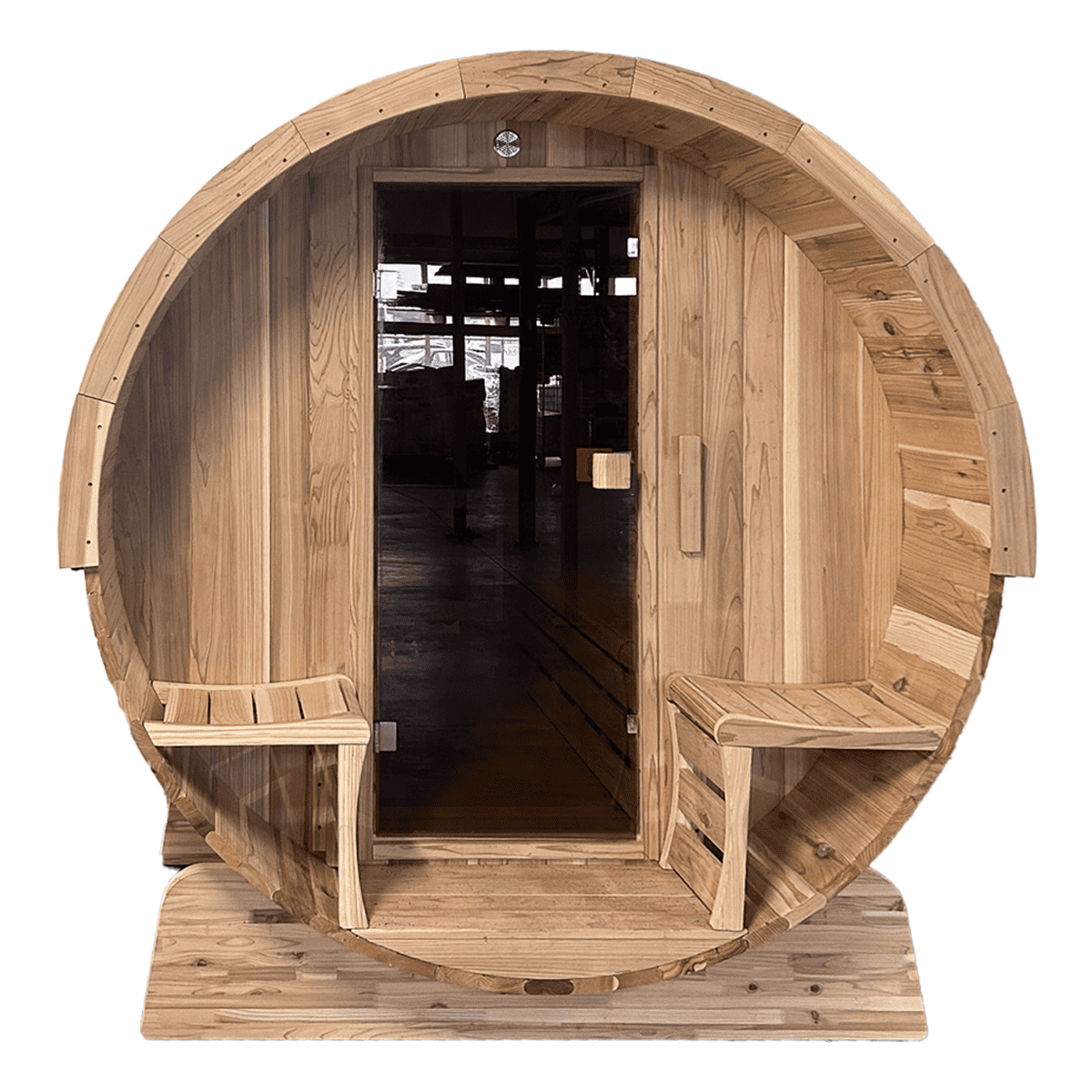 Novum Barrelsauna TR300 (half glas achterwand) - Zespersoons sauna - 300 cm lengte - Rustic Red Cedar Novum Barrelsauna TR300 (half glas achterwand) - Zespersoons sauna - 300 cm lengte - Rustic Red Cedar