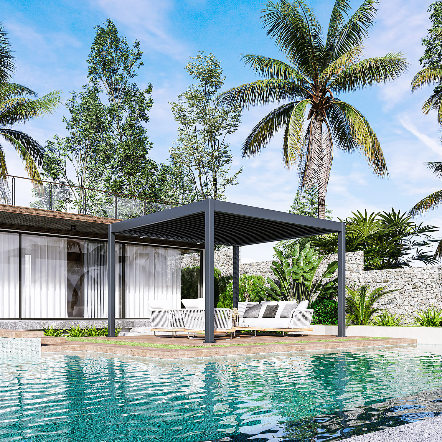 Orion Deluxe overkapping - E-LED - 360x400 cm - Antraciet - met elektrisch lamellendak en LED 