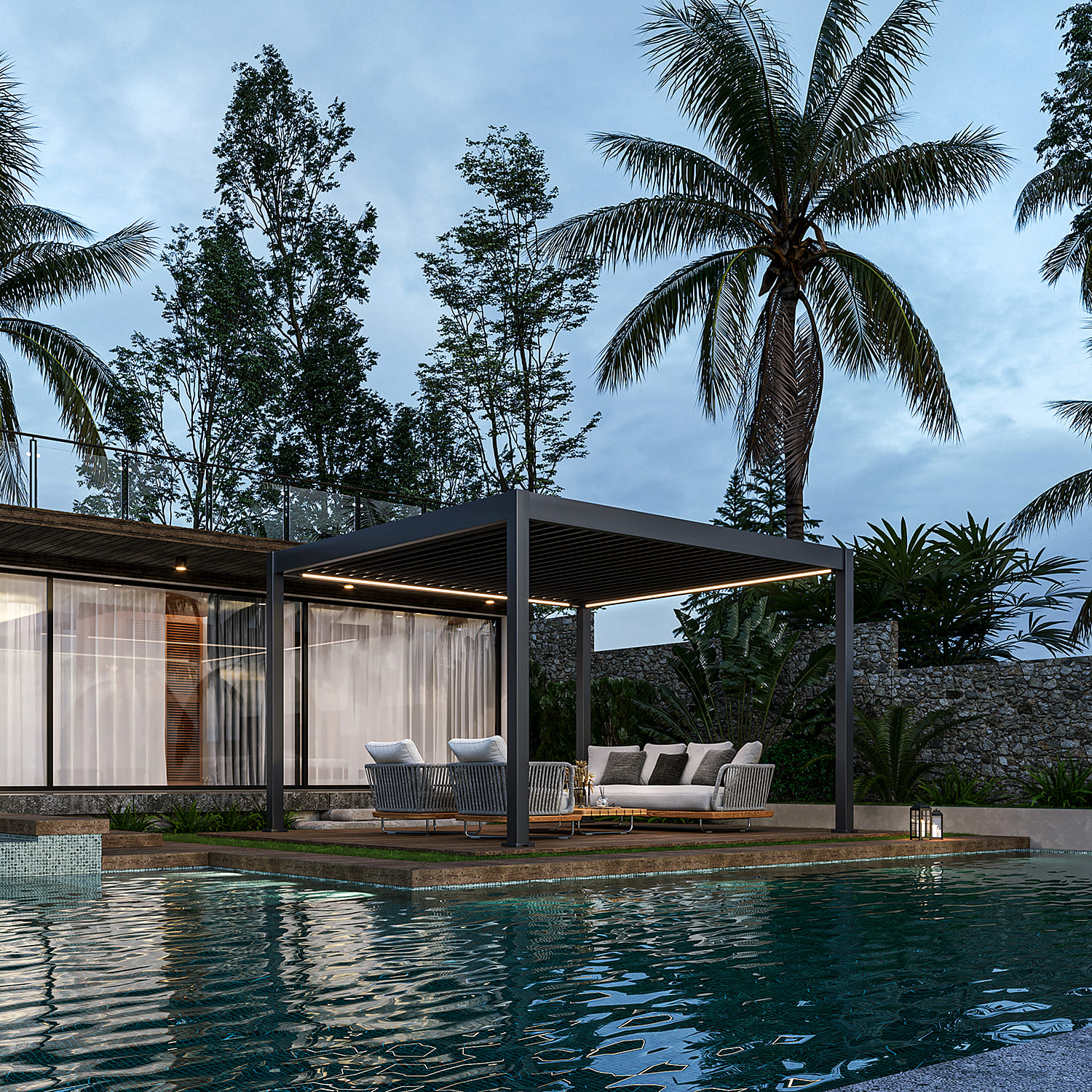 Orion Deluxe overkapping - E-LED - 360x400 cm - Antraciet - met elektrisch lamellendak en LED 