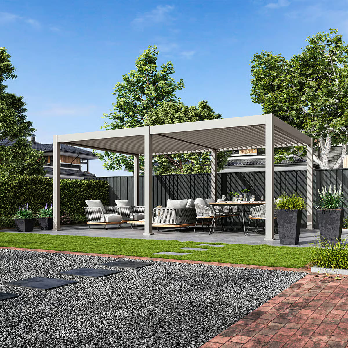 Orion Premium overkapping - E-LED - 400x600 cm - Kiezelgrijs - met elektrisch lamellendak en LED