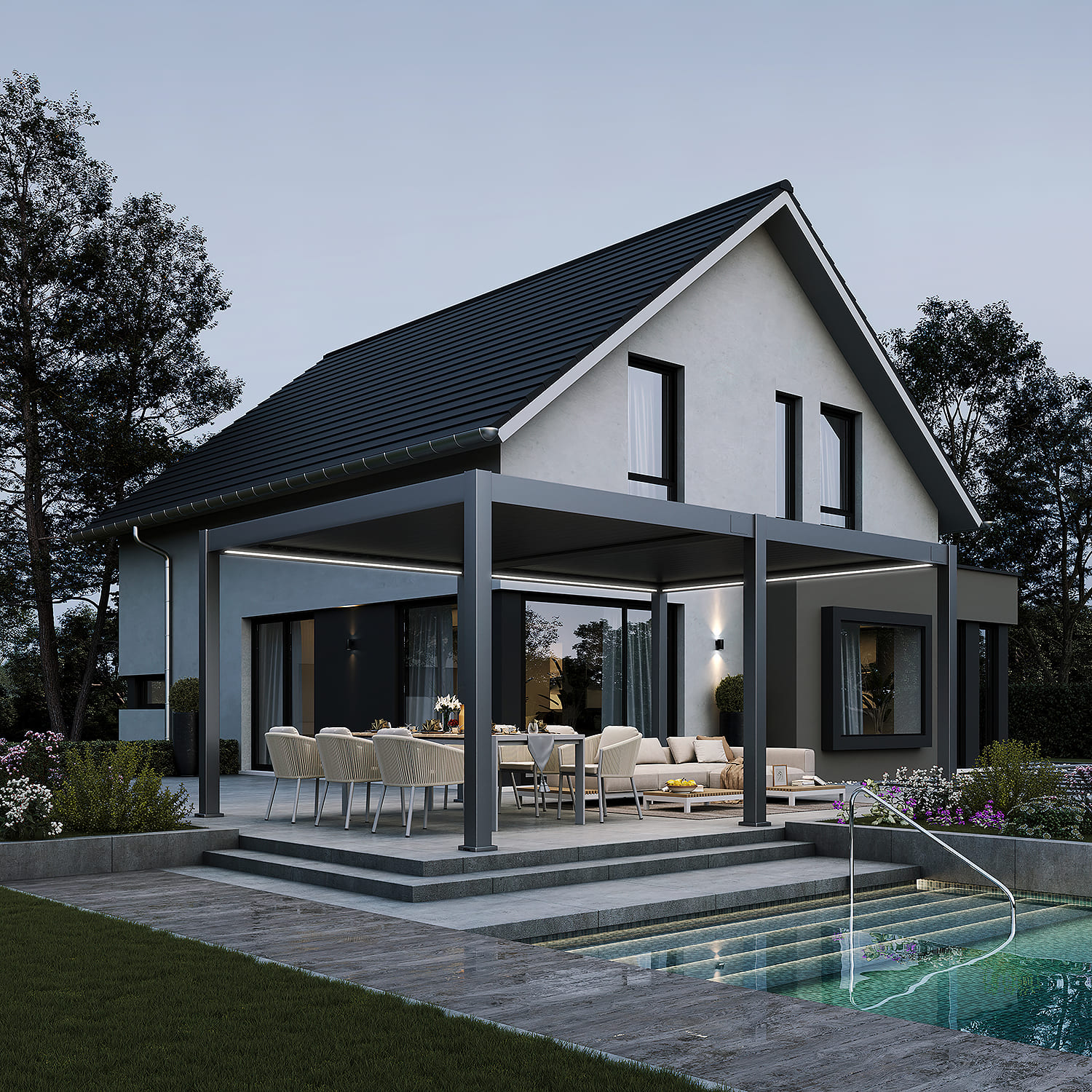 Orion Premium overkapping - E-LED - 400x600 cm - Antraciet - met elektrisch lamellendak en LED 