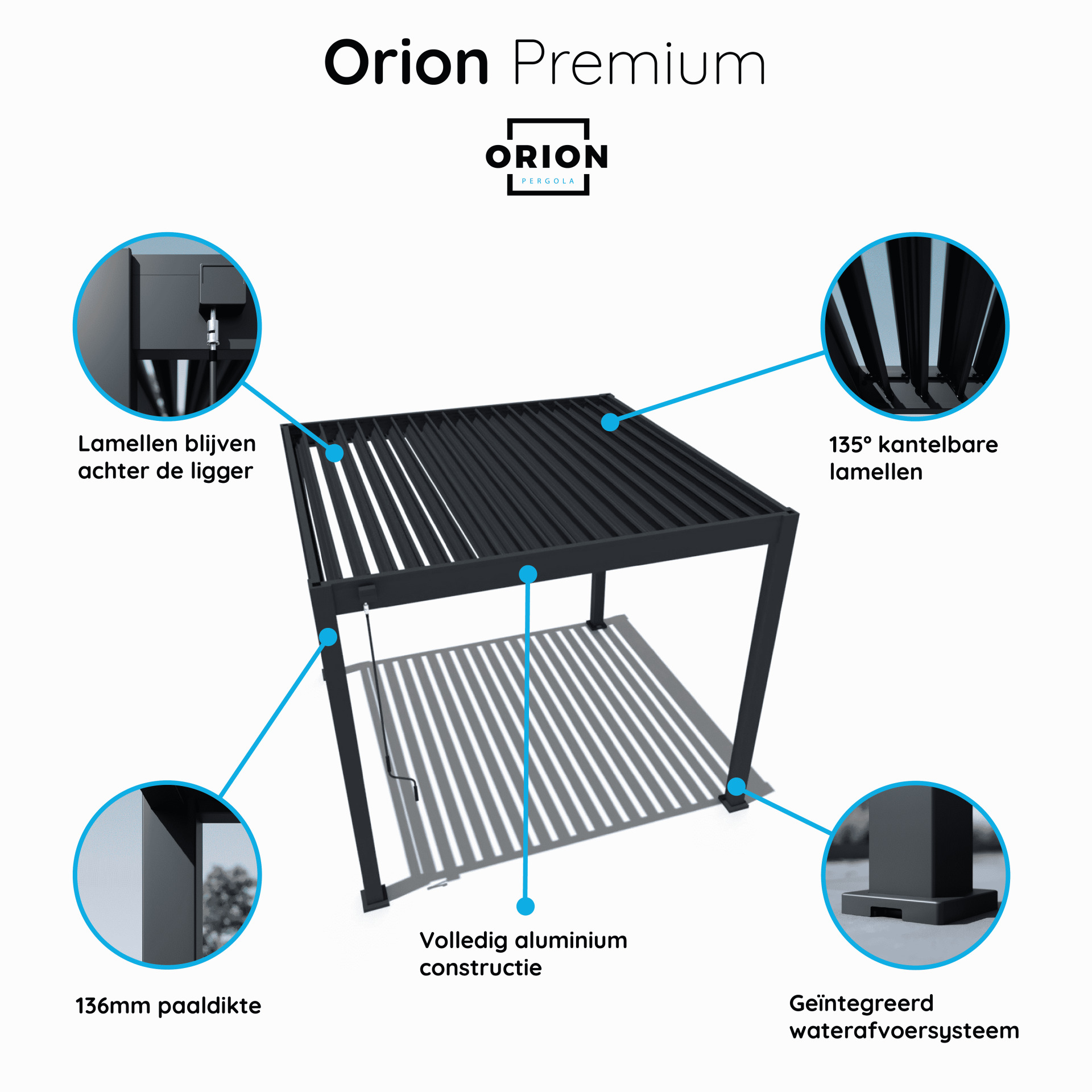 Orion Premium overkapping - E-LED - 300x400 cm - Kiezelgrijs - met elektrisch lamellendak en LED