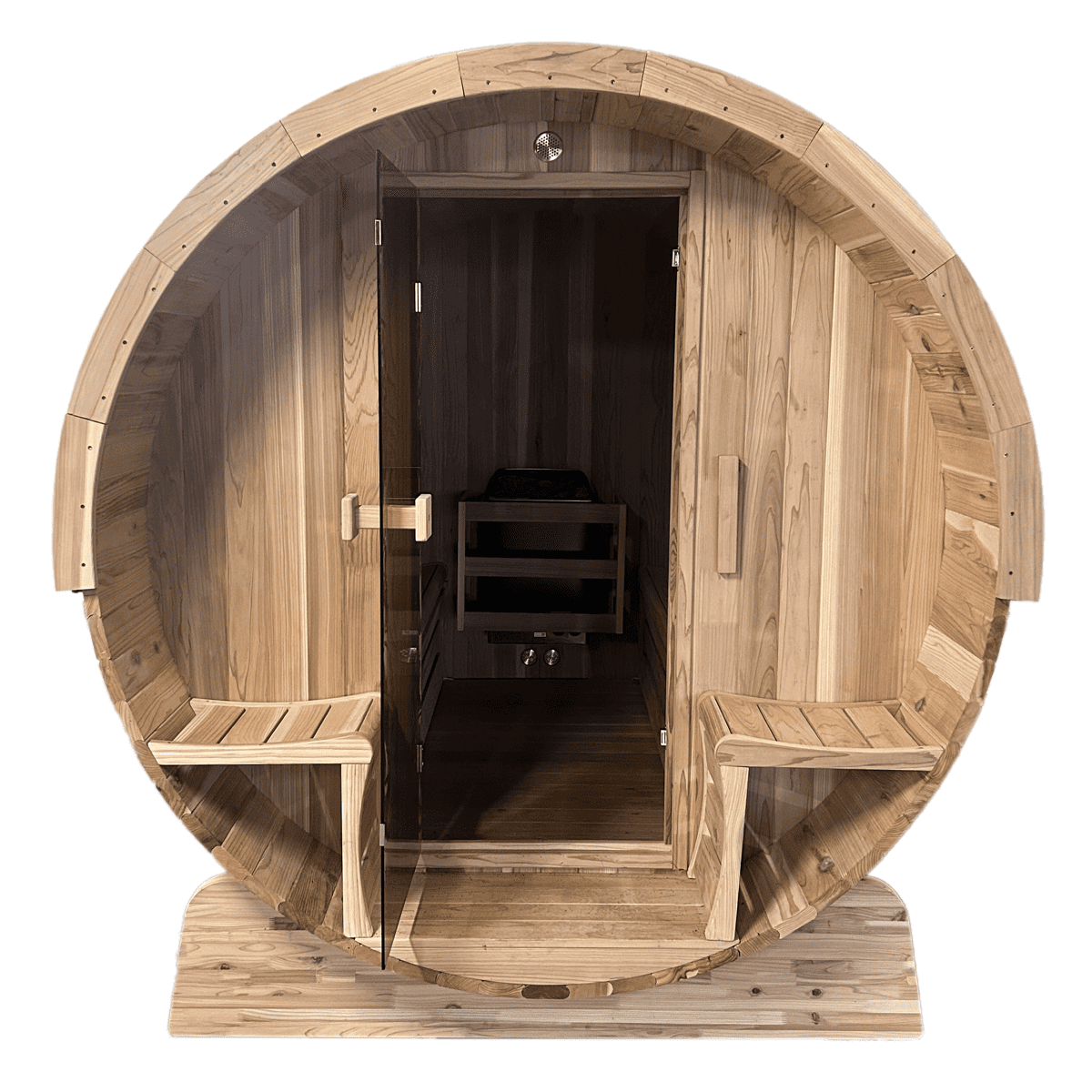 Novum Barrelsauna TR300 (half glas achterwand) - Zespersoons sauna - 300 cm lengte - Rustic Red Cedar Novum Barrelsauna TR300 (half glas achterwand) - Zespersoons sauna - 300 cm lengte - Rustic Red Cedar